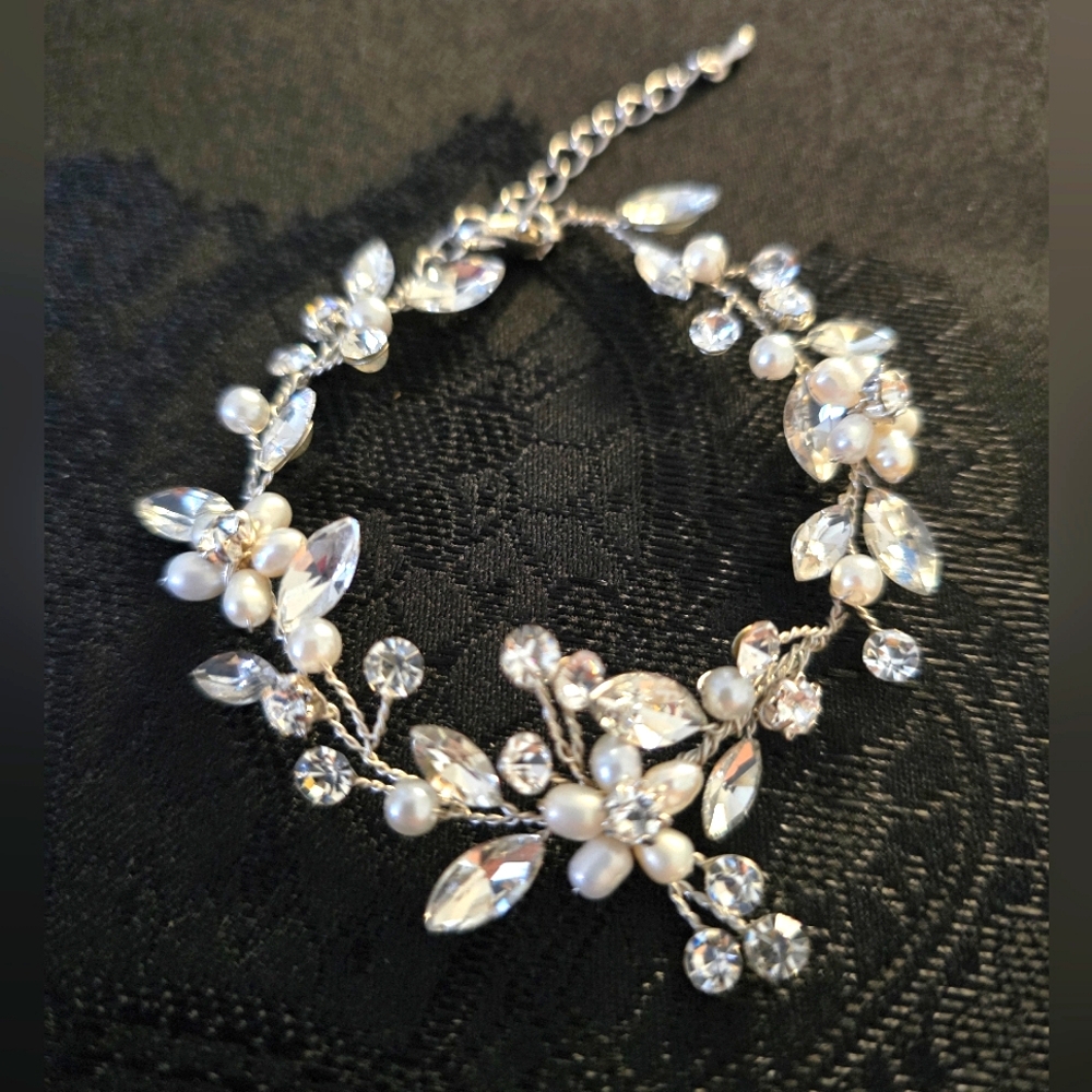 Elegant Silver, Crystal, and Pearl Vine Bracelet